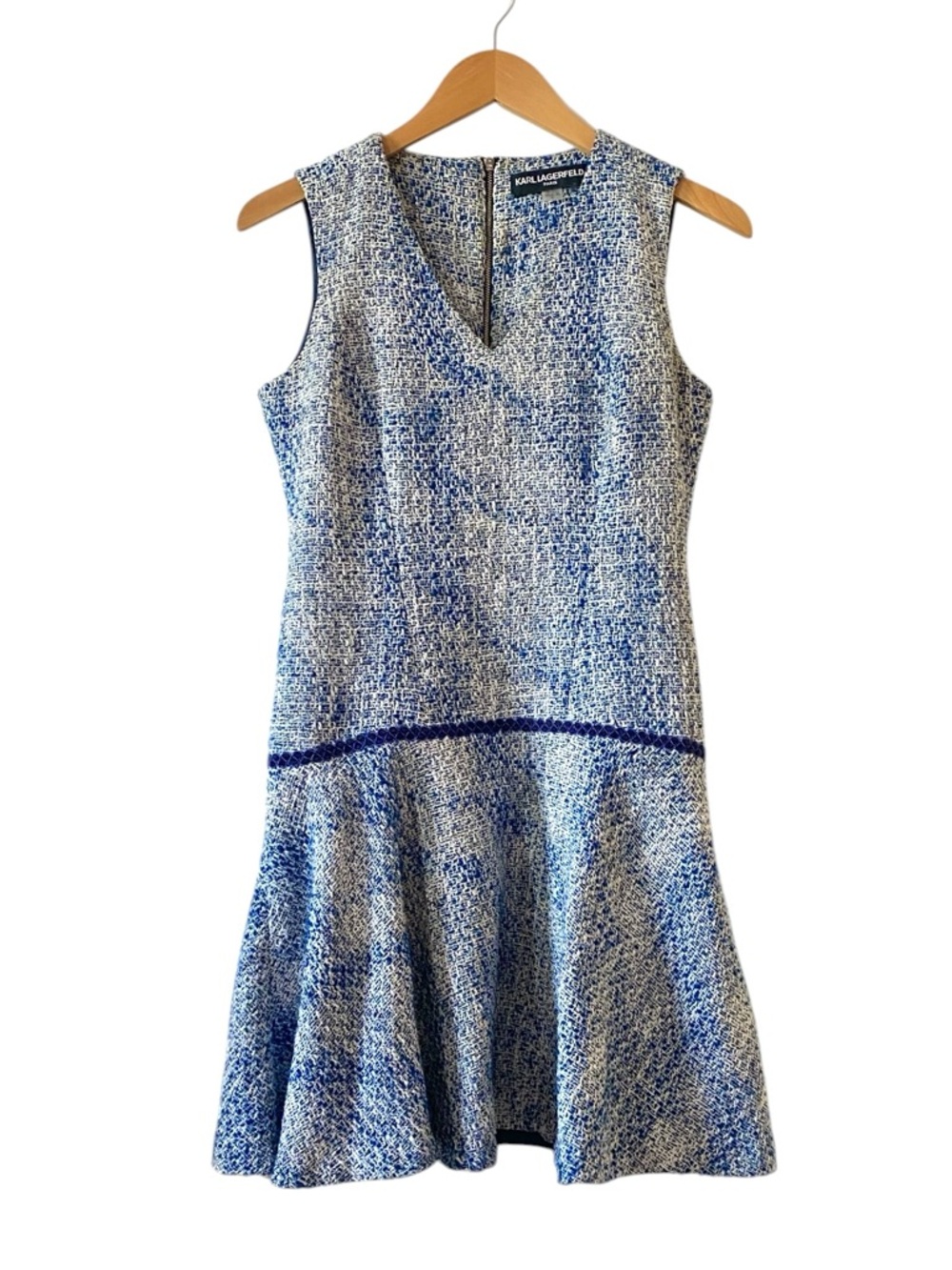 Karl Lagerfeld Tweed Dress Sleeveless Drop Waist Blue and White Mod Chic 6